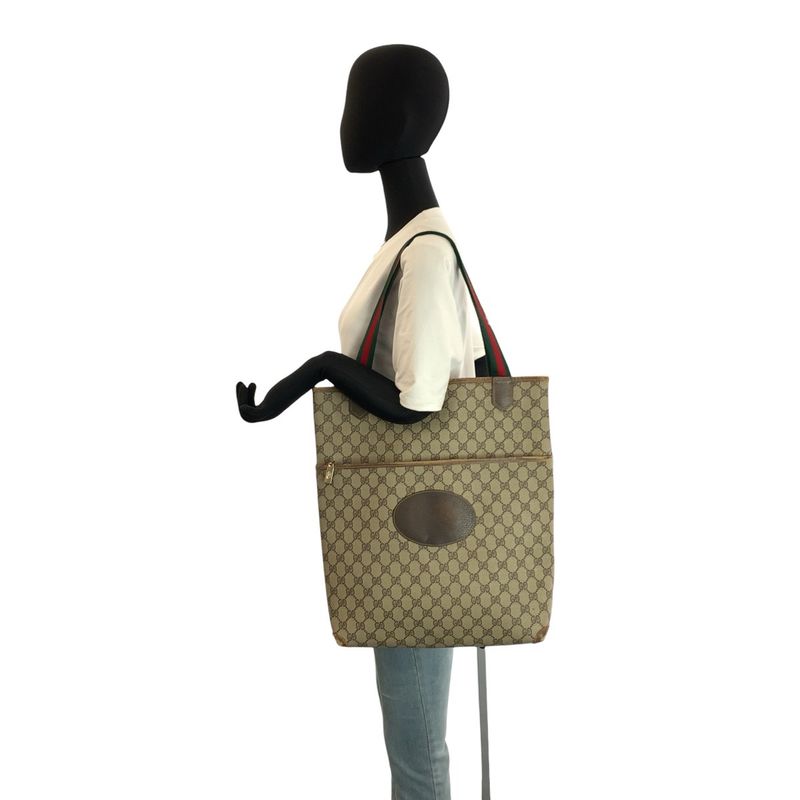 Gucci Vintage Sherry Line Beige Brown GG Supreme Canvas Tote Shoulder Bag
