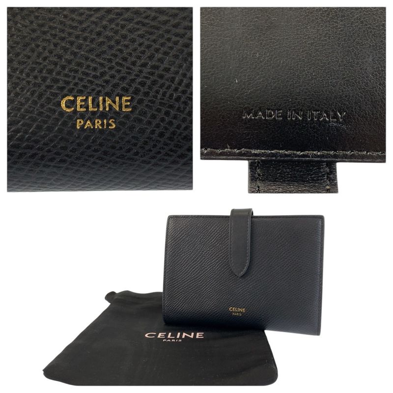 Celine Strap Wallet Black Leather Compact
