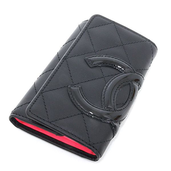 Chanel Cambon Key Case 6 Soft Calf Black Pink Key Holder