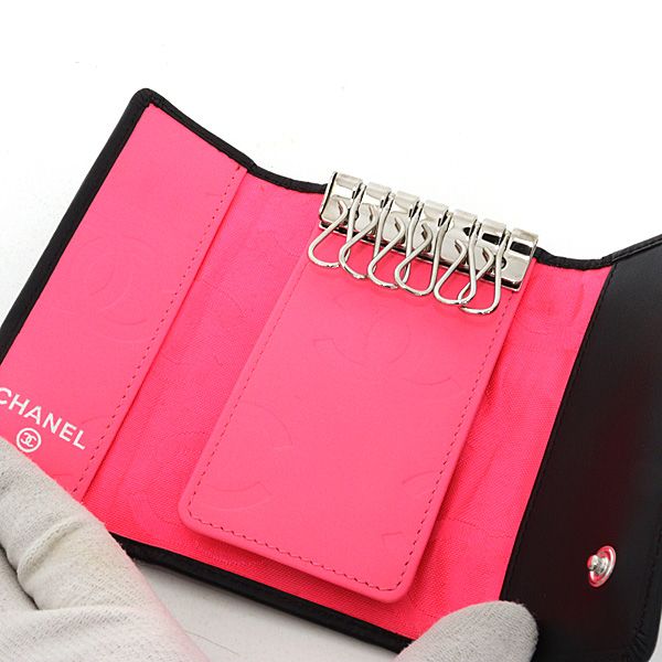 Chanel Cambon Key Case 6 Soft Calf Black Pink Key Holder