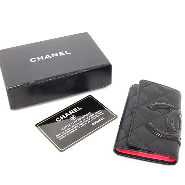 Chanel Cambon Key Case 6 Soft Calf Black Pink Key Holder