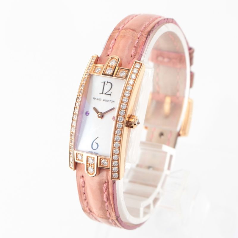 Harry Winston Avenue-c Mini 18k Pink Gold Diamond Ruby Crocodile Bracelet White