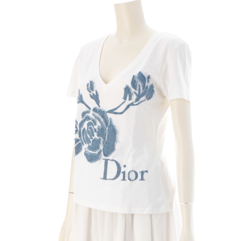Dior Cotton Galliano Era Denim Rose Logo Patchwork Short Sleeve T-Shirt White 44