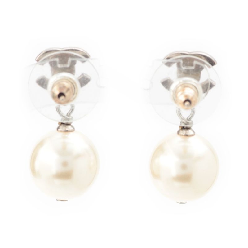 Chanel CC Logo Line Stone Pearl Earrings Silver