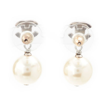 Chanel CC Logo Line Stone Pearl Earrings Silver