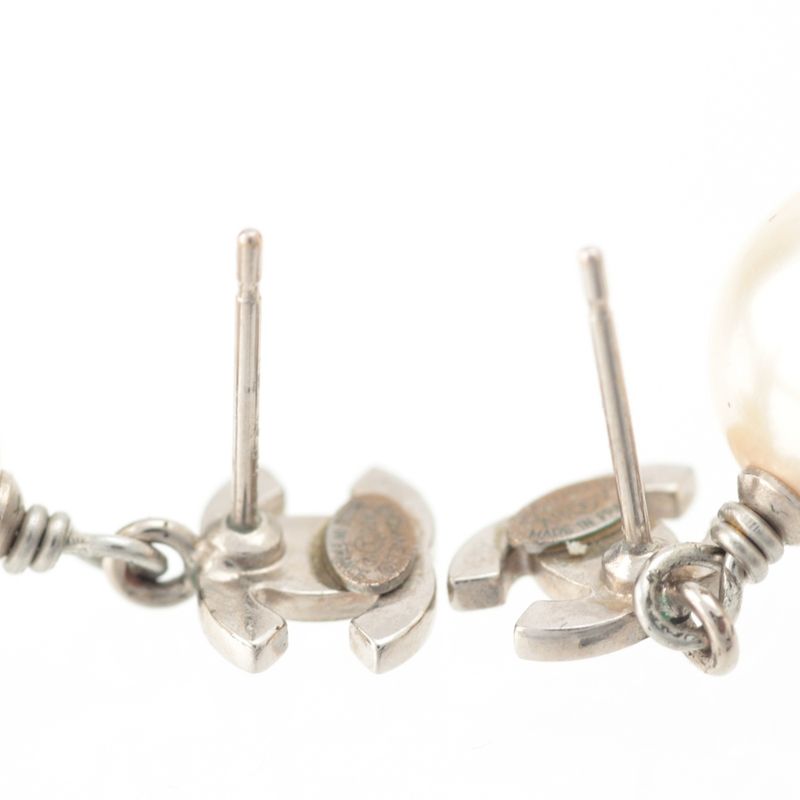 Chanel CC Logo Line Stone Pearl Earrings Silver