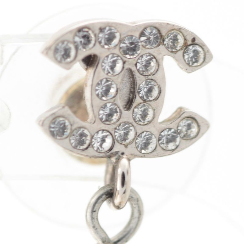 Chanel CC Logo Line Stone Pearl Earrings Silver