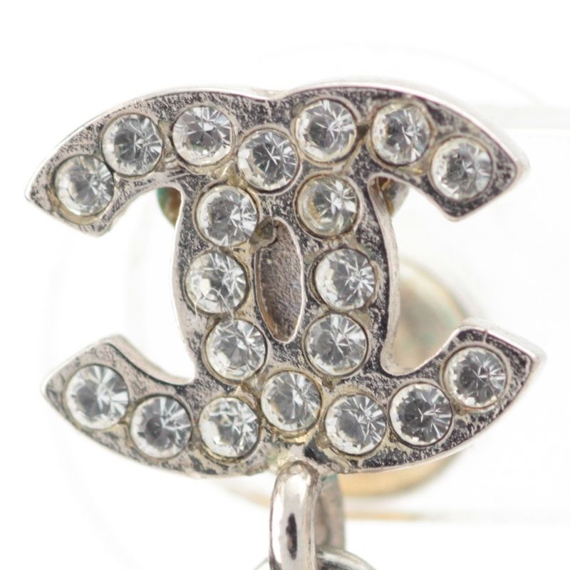 Chanel CC Logo Line Stone Pearl Earrings Silver