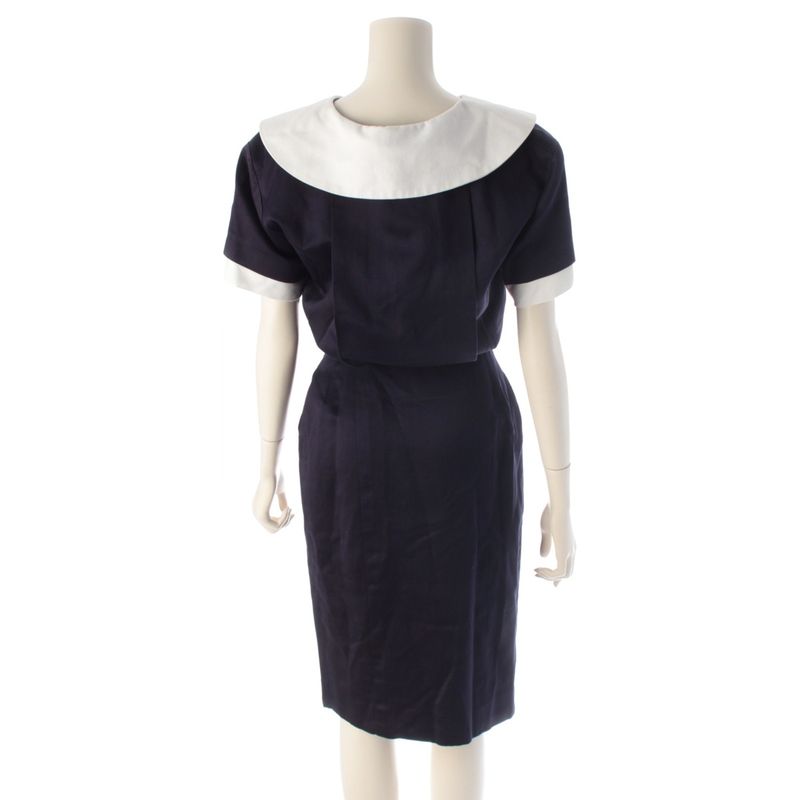 Chanel Cotton Vintage Camellia Gold Button Dress Navy White 34