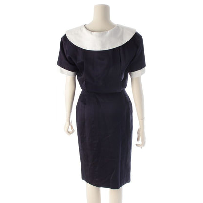 Chanel Cotton Vintage Camellia Gold Button Dress Navy White 34