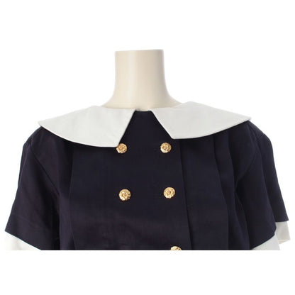 Chanel Cotton Vintage Camellia Gold Button Dress Navy White 34