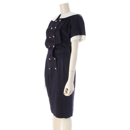 Chanel Cotton Vintage Camellia Gold Button Dress Navy White 34