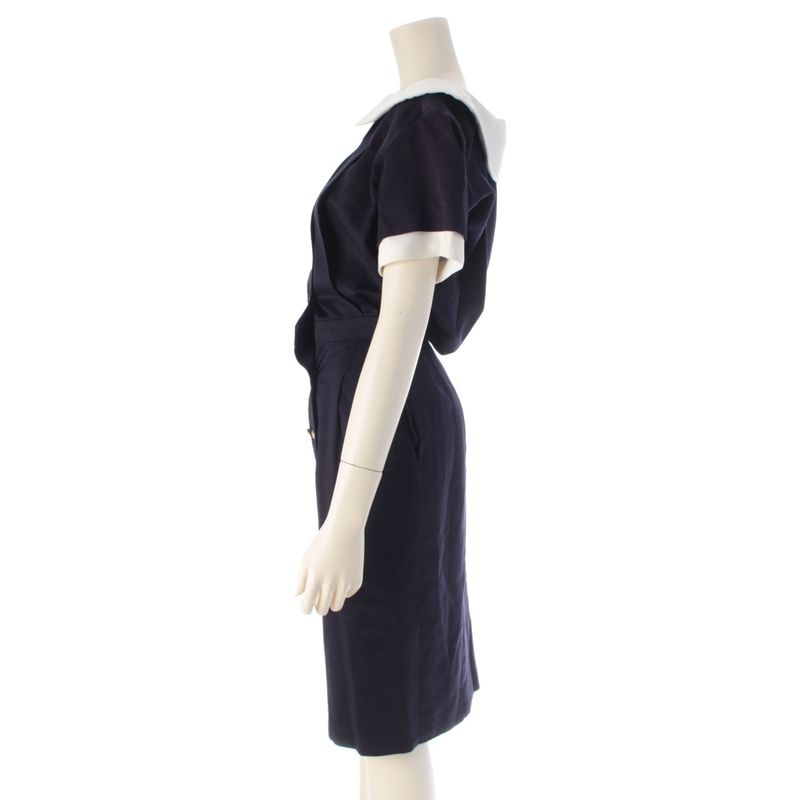 Chanel Cotton Vintage Camellia Gold Button Dress Navy White 34