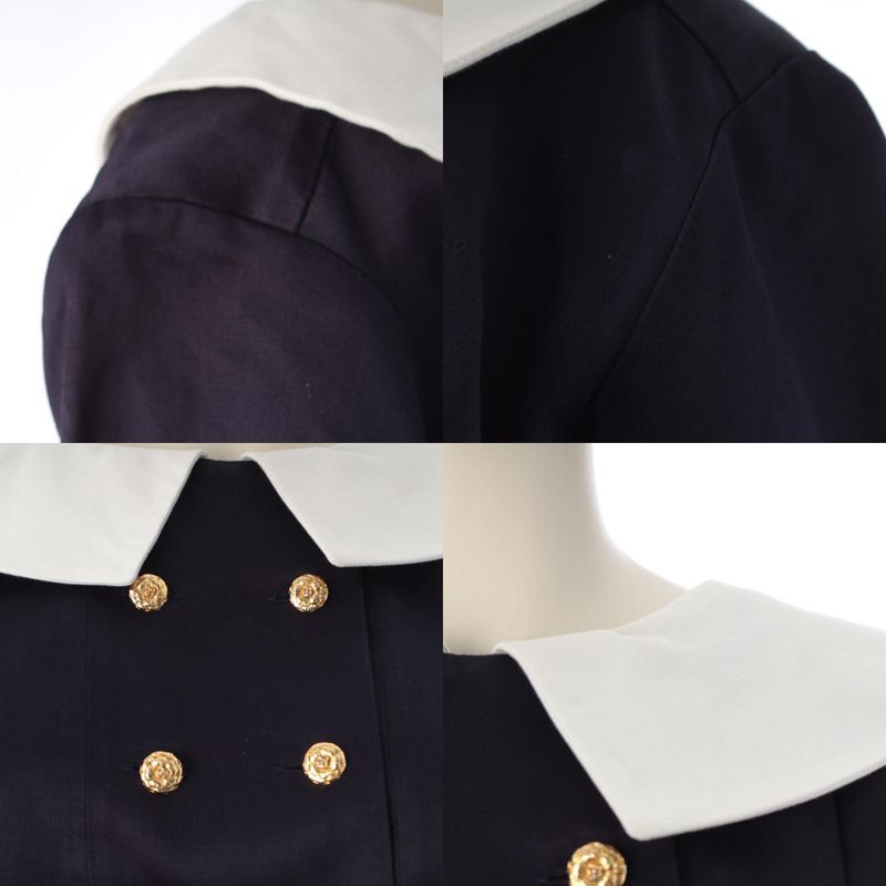 Chanel Cotton Vintage Camellia Gold Button Dress Navy White 34
