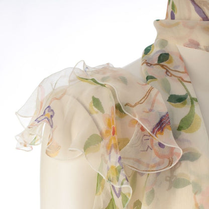 Dior 06 Silk Floral Print Ruffle Sleeveless Blouse Beige 38