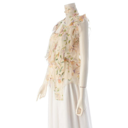 Dior 06 Silk Floral Print Ruffle Sleeveless Blouse Beige 38