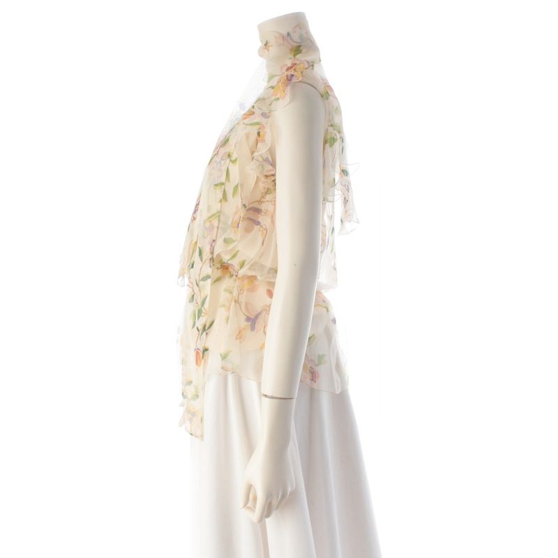 Dior 06 Silk Floral Print Ruffle Sleeveless Blouse Beige 38