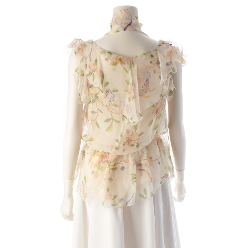 Dior 06 Silk Floral Print Ruffle Sleeveless Blouse Beige 38