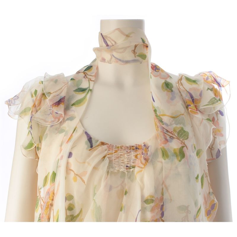 Dior 06 Silk Floral Print Ruffle Sleeveless Blouse Beige 38