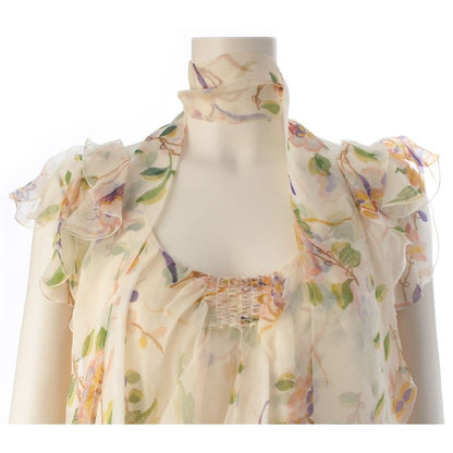 Dior 06 Silk Floral Print Ruffle Sleeveless Blouse Beige 38
