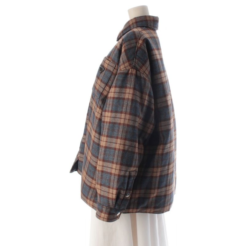 Prada Wool Triangle Logo Check Padded Jacket Brown Blue 42