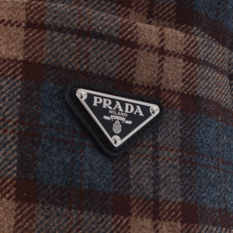 Prada Wool Triangle Logo Check Padded Jacket Brown Blue 42