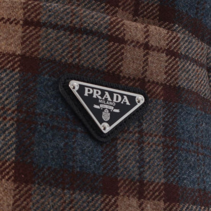 Prada Wool Triangle Logo Check Padded Jacket Brown Blue 42
