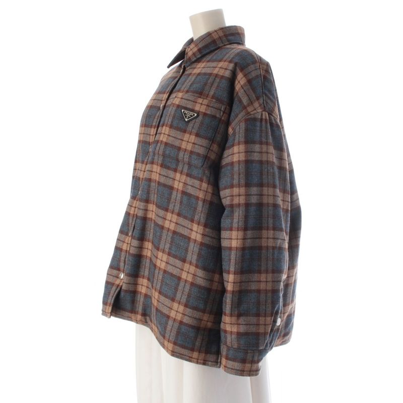 Prada Wool Triangle Logo Check Padded Jacket Brown Blue 42