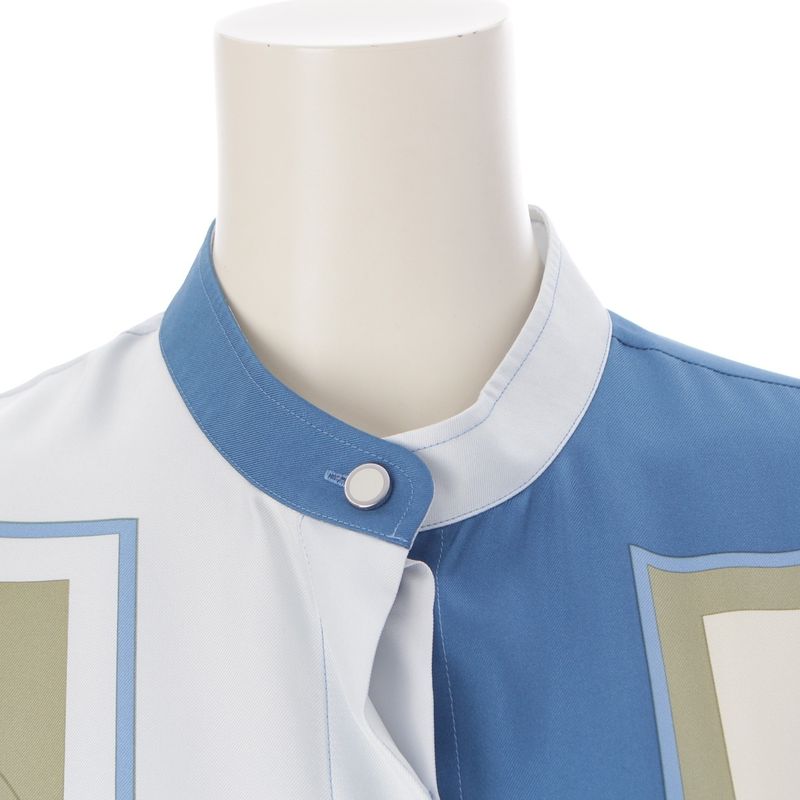 Hermes Silk Twill Laine Exlibris Wide Long Sleeve Shirt Top Blue 38