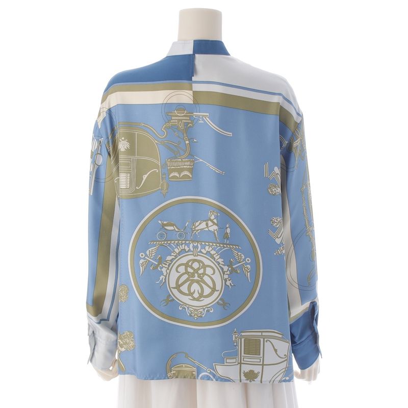 Hermes Silk Twill Laine Exlibris Wide Long Sleeve Shirt Top Blue 38