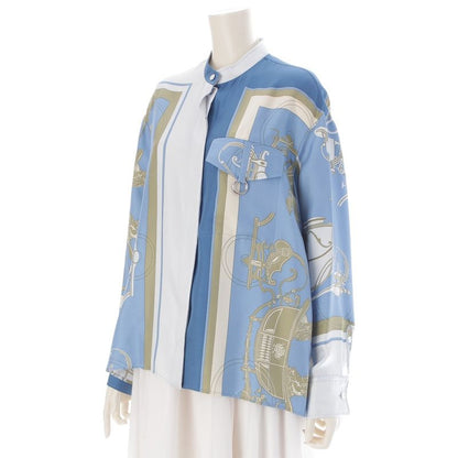 Hermes Silk Twill Laine Exlibris Wide Long Sleeve Shirt Top Blue 38