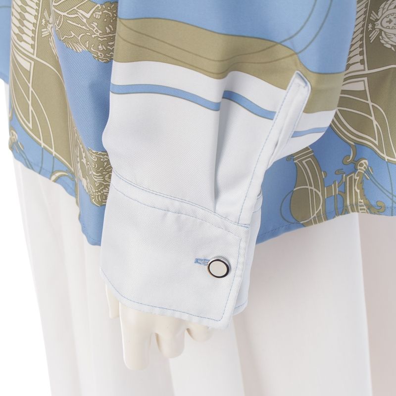 Hermes Silk Twill Laine Exlibris Wide Long Sleeve Shirt Top Blue 38