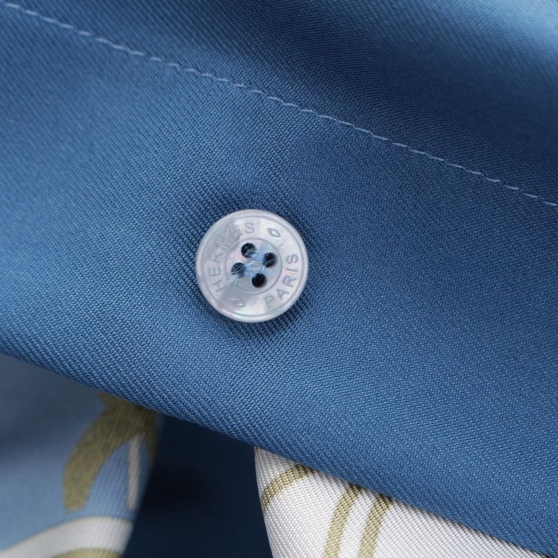 Hermes Silk Twill Laine Exlibris Wide Long Sleeve Shirt Top Blue 38