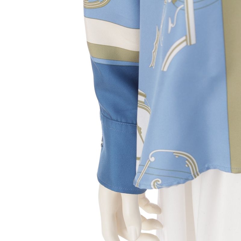 Hermes Silk Twill Laine Exlibris Wide Long Sleeve Shirt Top Blue 38