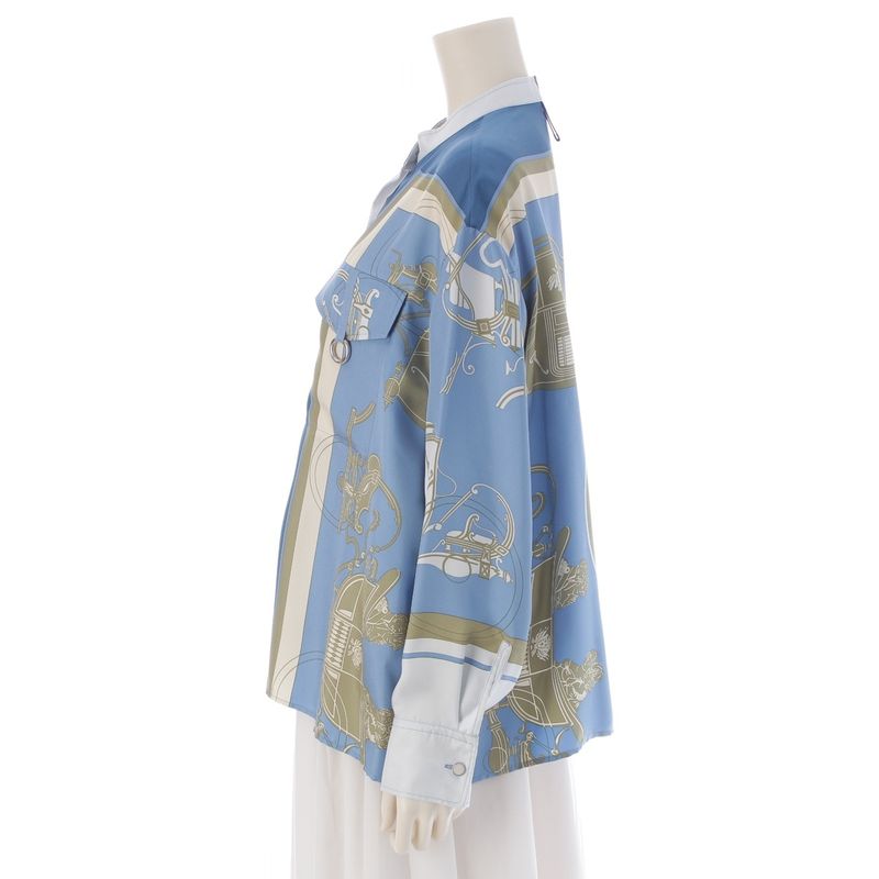 Hermes Silk Twill Laine Exlibris Wide Long Sleeve Shirt Top Blue 38