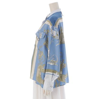 Hermes Silk Twill Laine Exlibris Wide Long Sleeve Shirt Top Blue 38
