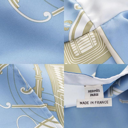 Hermes Silk Twill Laine Exlibris Wide Long Sleeve Shirt Top Blue 38