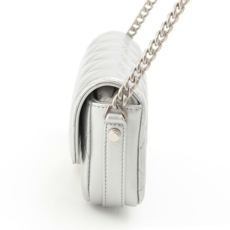Chanel Leather Quilted Big CC Logo Chain Shoulder Bag Silver