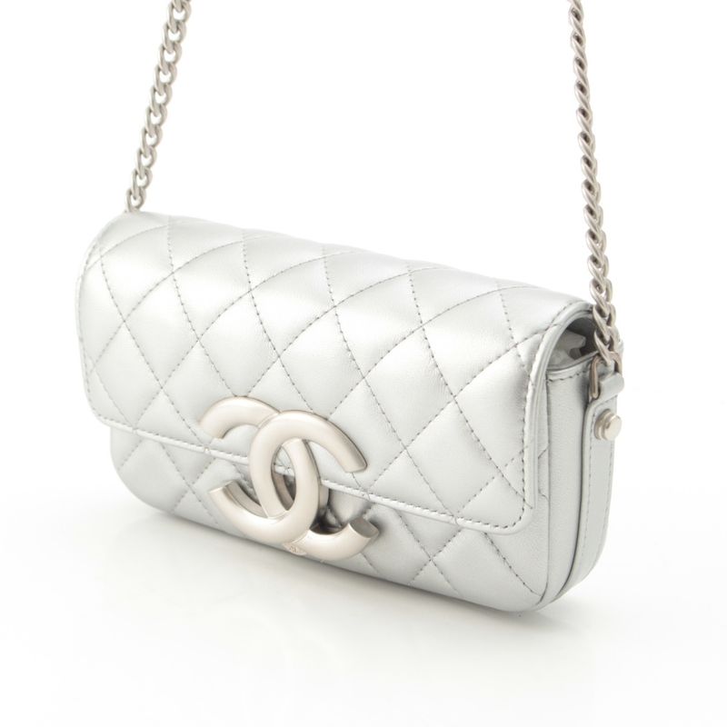 Chanel Leather Quilted Big CC Logo Chain Shoulder Bag Silver