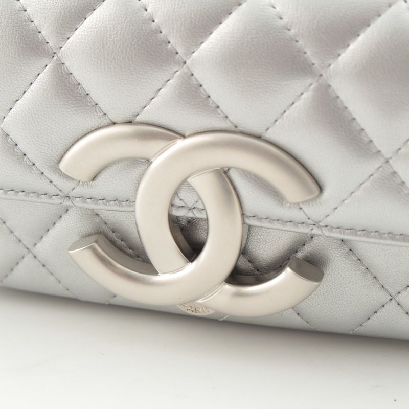 Chanel Leather Quilted Big CC Logo Chain Shoulder Bag Silver