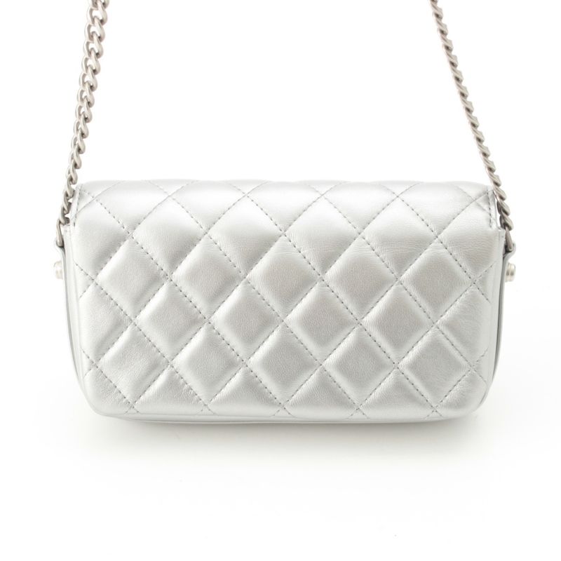Chanel Leather Quilted Big CC Logo Chain Shoulder Bag Silver