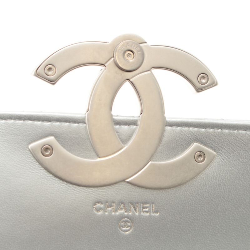 Chanel Leather Quilted Big CC Logo Chain Shoulder Bag Silver