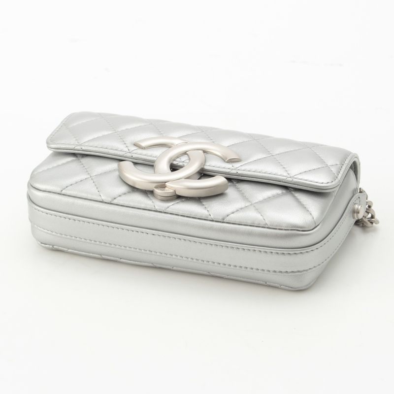 Chanel Leather Quilted Big CC Logo Chain Shoulder Bag Silver