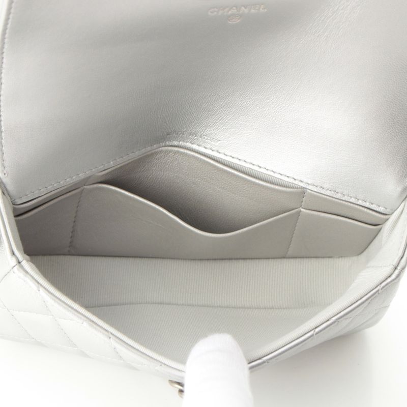 Chanel Leather Quilted Big CC Logo Chain Shoulder Bag Silver