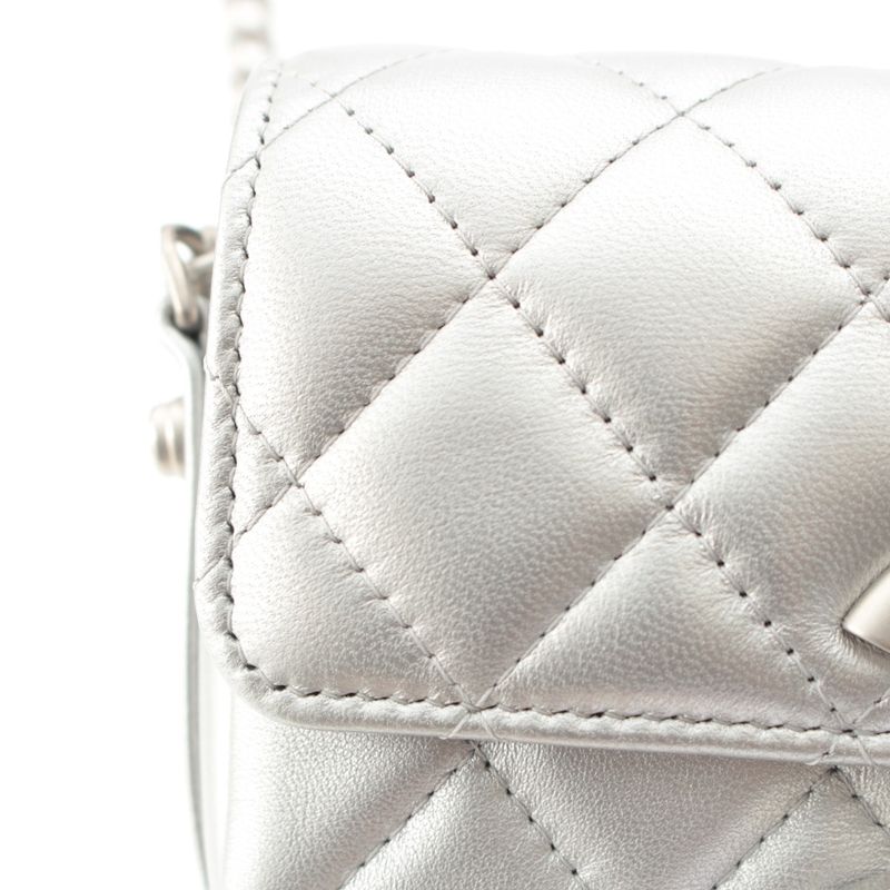 Chanel Leather Quilted Big CC Logo Chain Shoulder Bag Silver