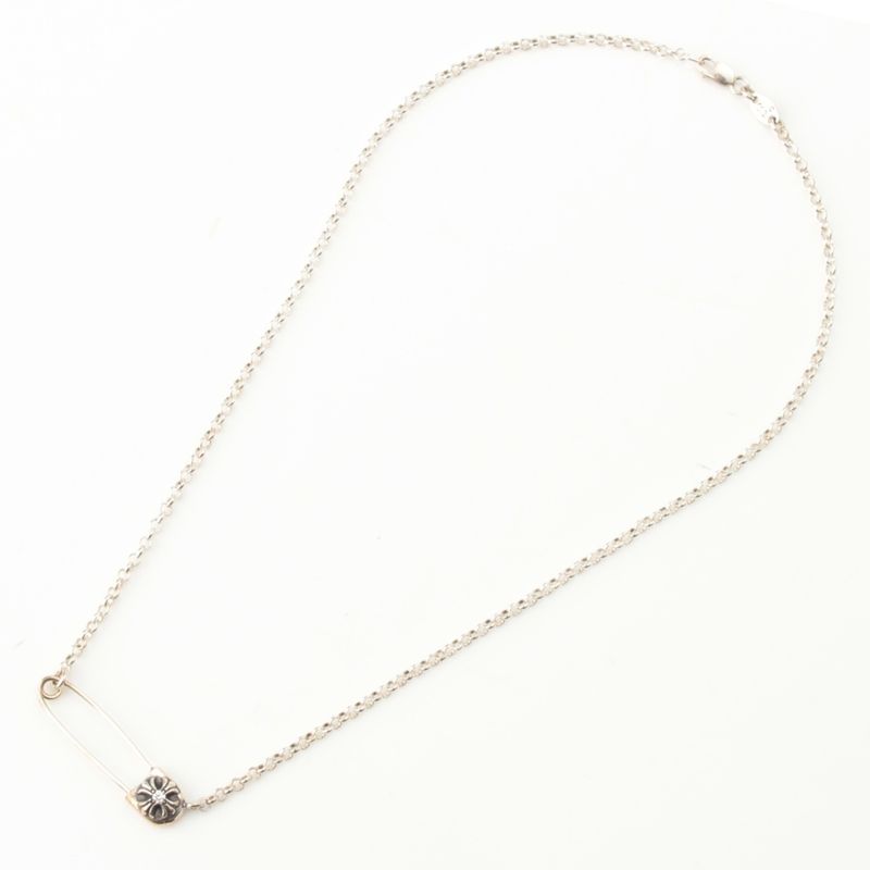 Chrome Hearts Chain Safety Pin CH Pls Pin Diamond Necklace 925 Sterling Silver