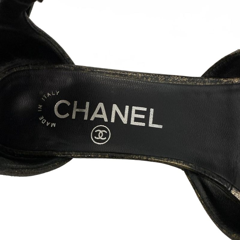 Chanel Sandals 5.5 C Gold Black Wedge Sole CC Logo Faux Pearl Leather