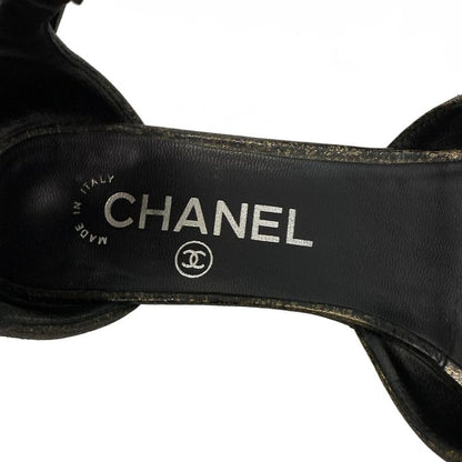 Chanel Sandals 5.5 C Gold Black Wedge Sole CC Logo Faux Pearl Leather