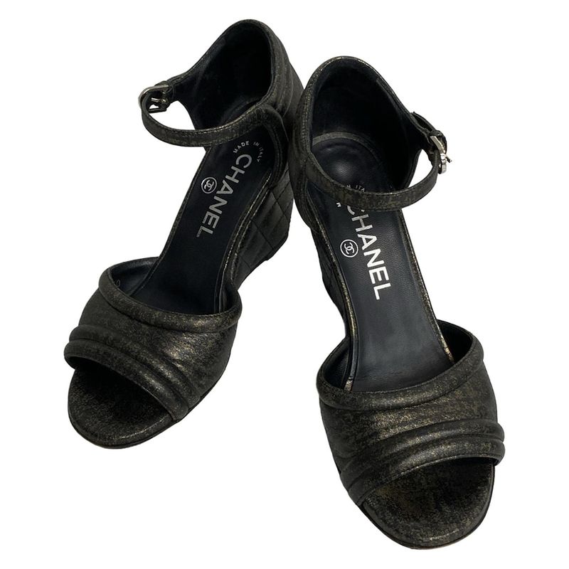 Chanel Sandals 5.5 C Gold Black Wedge Sole CC Logo Faux Pearl Leather