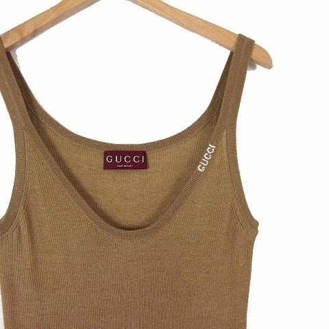 Gucci Fine Rib Cashmere Silk Camisole Tank Top Logo Embroidery Sherry Line L